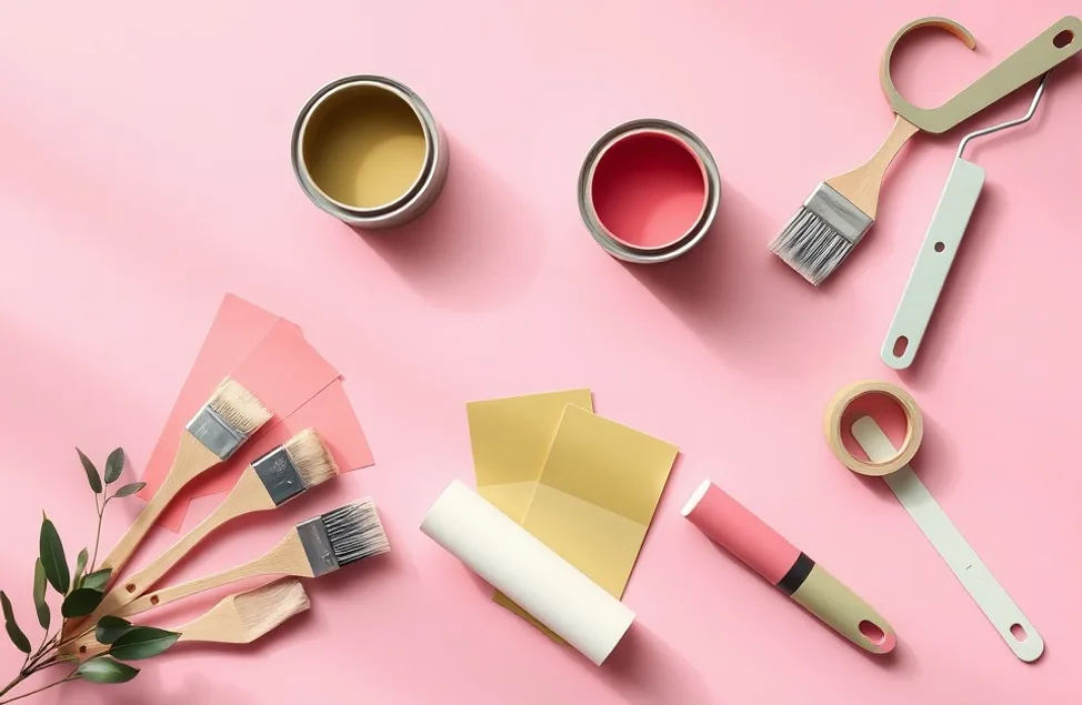 Pots de peinture, nuancier, brosses et rouleaux disposés à plat