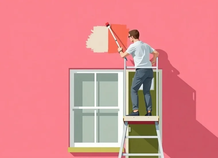 Peintre sur échafaudage traitant la façade d'une maison